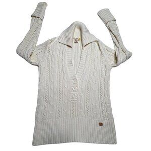 Y2K DKNY Women's Ivory Cable Knit  Sweater Button Details  Ribbed Hem Size L